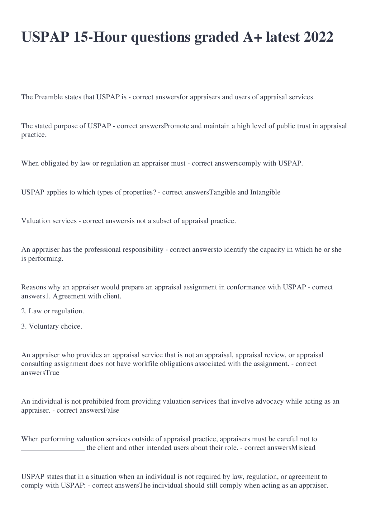 Preview image for USPAP 15-Hour questions graded A+ latest 2022